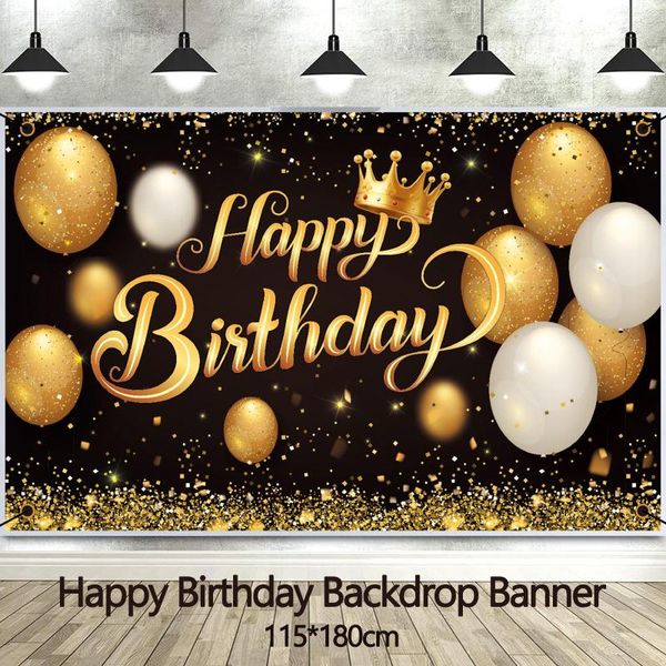 Decoração de festa Balão de ouro preto Feliz aniversário Banner Star Poster Booth Holiday Po Background Wall Decor