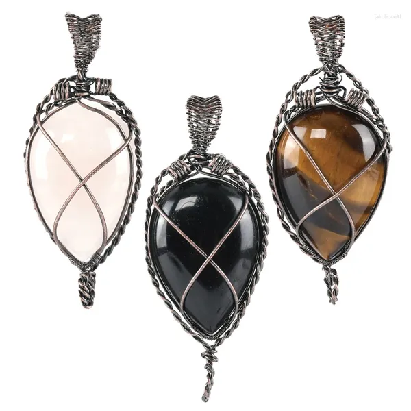 Anhänger Halsketten Antik Kupfer Naturstein Wire Wrap Wassertropfen Kristall Anhänger Obsidian Opal Rosa Quarz Charms Heilschmuck