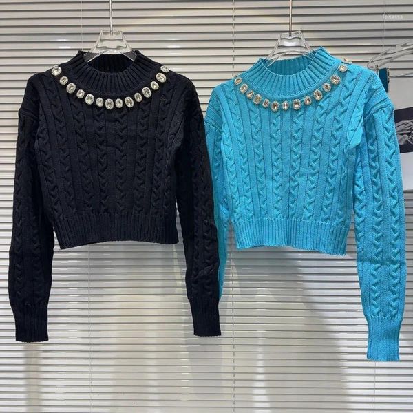 Suéteres femininos PREPOMP coleção de inverno manga comprida strass pedras preciosas colar bordado miçangas suéter tricô pulôver gm379