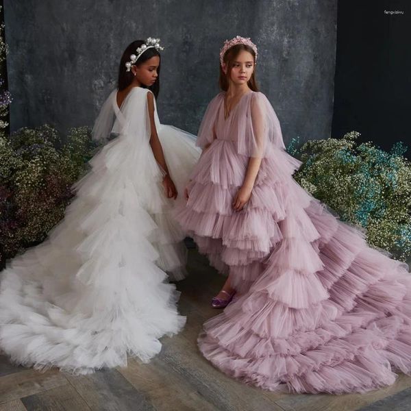Kız elbise kabarık tül çocuk çocukları düğün partisi katmanlı çiçek elbise hi-low prenses ilk cemaat pageant önlük