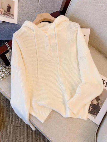 Damenpullover Herbst Winter Frauen Pullover 2023 Solide Langarm Kapuzenpullover Koreanische Mode Lose Dame Casual Button Gestrickte Tops