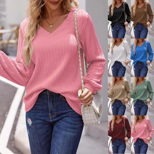 Roupas étnicas Mulheres Manga Longa Tops V Neck Blusa Dressy Casual Ribbed Knit Túnicas Soltas Fit Camisas de Outono 2023