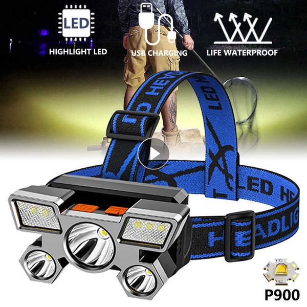 Lâmpadas de cabeça de cabeça forte LED de farol de cinco cabeças Luz de aeronaves USB recarregável na lanterna pequena de lanterna de lanterna ao ar livre Lâmpada de farol P230411