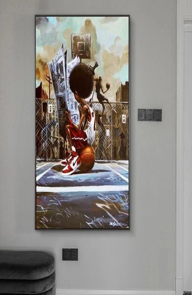 Poster e stampe di Street Art Ragazzo sul campo da basket Dipinto su tela Immagini di arte della parete ispiratrici per la decorazione domestica della camera da letto 7091339