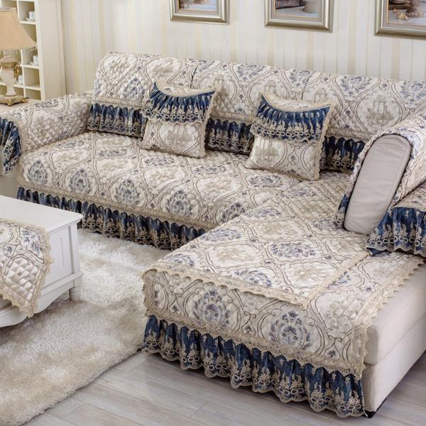 Fodere per sedie Copridivano in lino di cotone di lusso blu Asciugamano jacquard in pizzo di fascia alta Cuscino antiscivolo Federa per cuscino per schienale Set da soggiorno