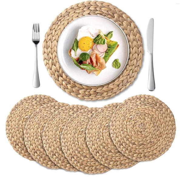 Tapetes de mesa 4 pacote redondo tecido placemats natural jacinto de água lugar palha trançada para jantar festa de jardim ao ar livre