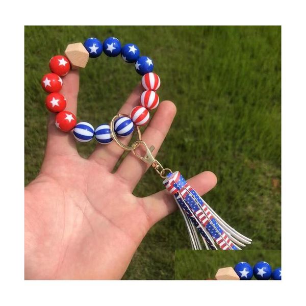 Novos estilos de contas de madeira pulseira chaveiro bandeira americana diy frisado borla pingente para decorações do dia da independência 10 cores drop deliv dhxn3