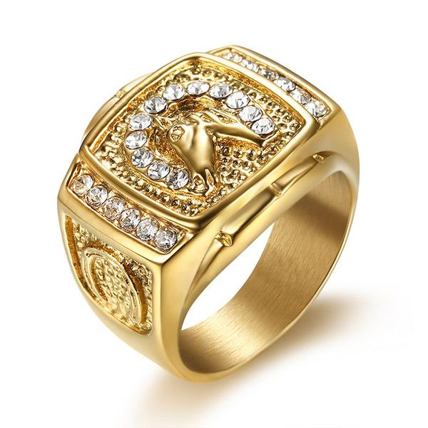 Кластерные кольца Hop Micro Pave Rownestone Iced Out Bling Horse Ring Кольцо Золотое Серебряное Цвет Титановый нержавеющая сталь для мужчин украшения 8-13Cluster