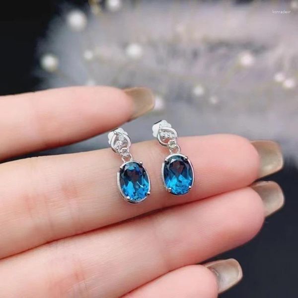 Dangle Küpe Kadın 925 Sterling Gümüş Doğal Mavi Topaz Gems Kızlar Doğum Günü Hediye Satış Gezimi