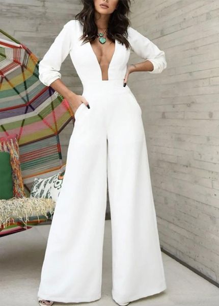 2023 Sexy Robe De Soiree Manica lunga Tuta Con scollo a V Abiti da sera Pantaloni bianchi Vestido De festa Abiti da ballo in raso per le donne