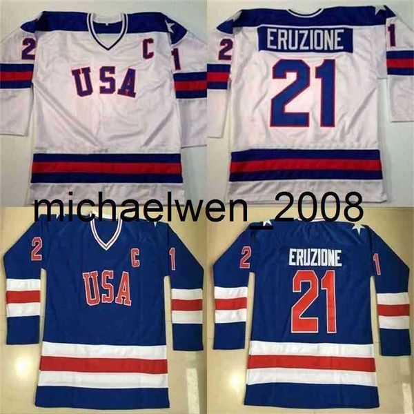Weng # 21 Mike Eruzione Jersey 1980 Miracle On Ice Hockey Jersey Mens 100% Costurado Bordado Equipe EUA Hóquei Jerseys Azul Branco