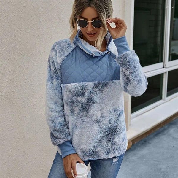 Damenpullover 2023Damen Winter Tie-Dye Revers Rollkragenpullover Flauschiger Pullover Pullover Chic Streetwear Langarm Hohe Qualität Patch Teddy