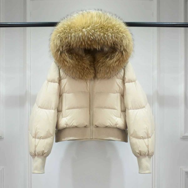 Grande vera pelliccia di procione con cappuccio corto e soffice piumino da donna invernale in piuma d'anatra cappotto parka femminile impermeabile