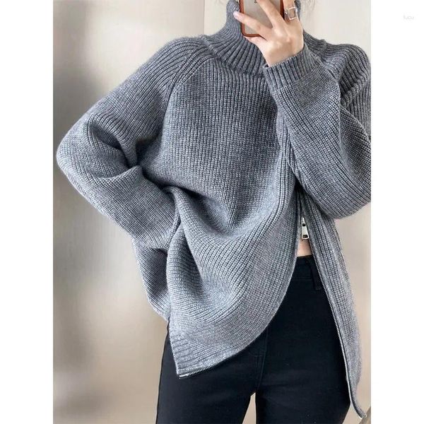 Felpe con cappuccio da donna autunno dolcevita cerniera oversize donne coreane maglioni maglieria allentato spesso caldo collo alto pullover solidi Y2k