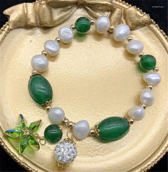 Strand HABITOO Beauty Natural 8-9mm Bianco Perla coltivata d'acqua dolce Verde Giada Bracciale con pendente in cristallo Gioielli da donna