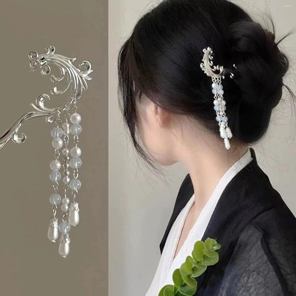 Grampos de cabelo cor prata liga varas garfos pérola pingente hairpins lado estilo chinês franja jóias feminino bun maker