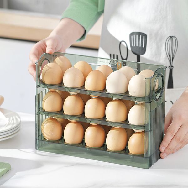 Eieraufbewahrungsboxen Organizer Kühlschrank Aufbewahrung Seitentür Haushalt Magischer dreischichtiger automatischer hüpfender Eierkarton
