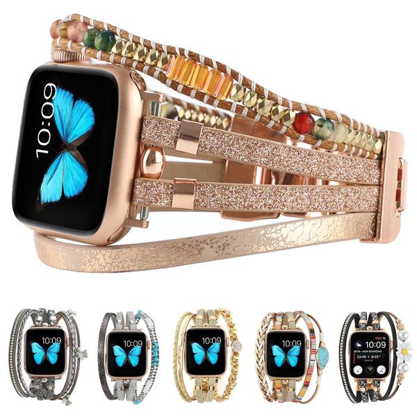 Bracelet en cuir pour femmes, pour iWatch série Ultra 2 8 7 6 SE, bijoux en métal, pour Apple Watch Band 9 Ultra 49mm 44mm 40mm 45mm 41mm, ceinture