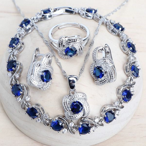 Düğün Mücevher Seti Mavi Zirkonya Kadınlar 925 STERLING Gümüş Gelin Kostüm Mücevher Küpe Halkalar Bilezikler Kolye Kolye 231110