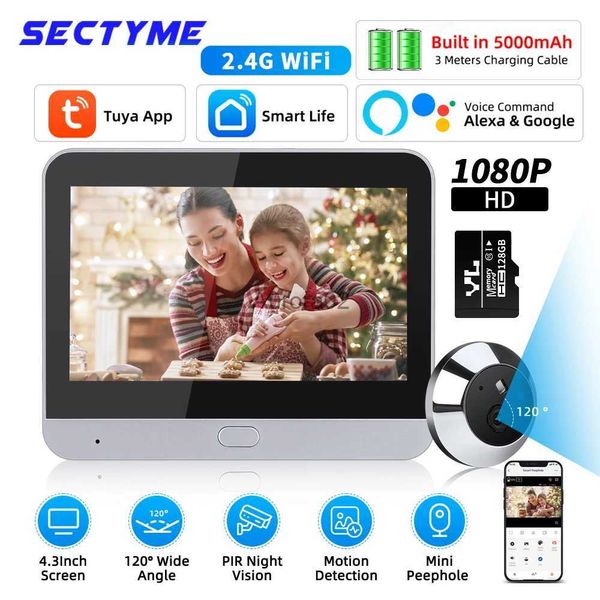 Campainhas Sectyme Smart WiFi Mini Olho Mágico Campainha Alexa Google Door Eye Viewer Visão noturna sem fio PIR Detecção de movimento Campainha Camer YQ231111