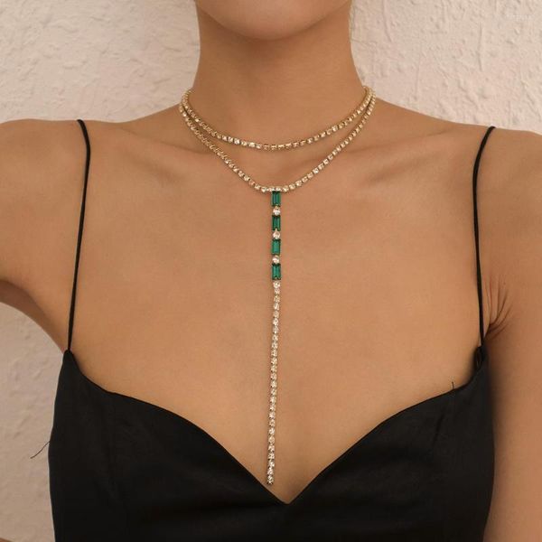 Colar de pingente colar esmeralda Taxada longa Tassel Crystal Rhinestone Women Luxury Back Chain for Wedding Party Jewelry