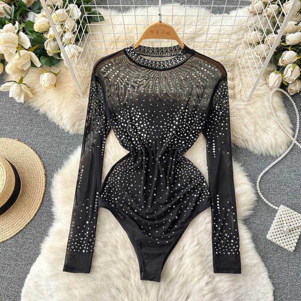 Nxy Diamonds Design Mesh Sexy Bodysuits с длинным рукавом тонкий нижний белье Тонкие комбинезоны Женщины мода Осень Сплошные сутки 230328