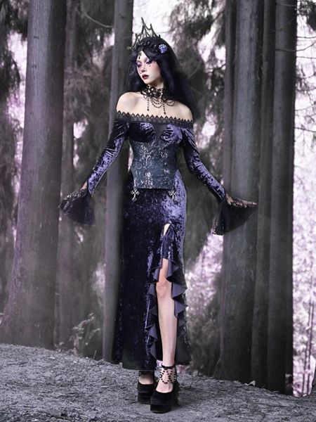 Vestidos casuais menina original sexy gótico moda temperamento harajuku punk veludo laço escuro roxo magro fishtail bainha vestido