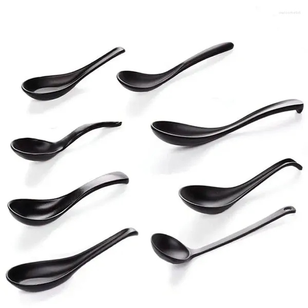 Set di stoviglie Cucchiaio nero opaco Zuppa cinese Riso Wonton antiaderente per cena Posate rotonde Posate dorate Utensili da cucina