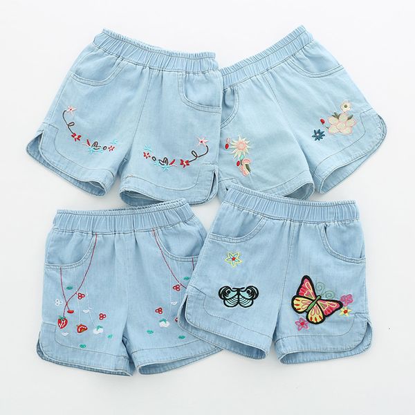 Pantaloncini 2023 Estate Casual 2 3 4 6 8 10 12 Anni Bambini Ricamo Fiore Tasca in cotone Denim Blu Per Bambino Piccolo Bambini Ragazze 230411