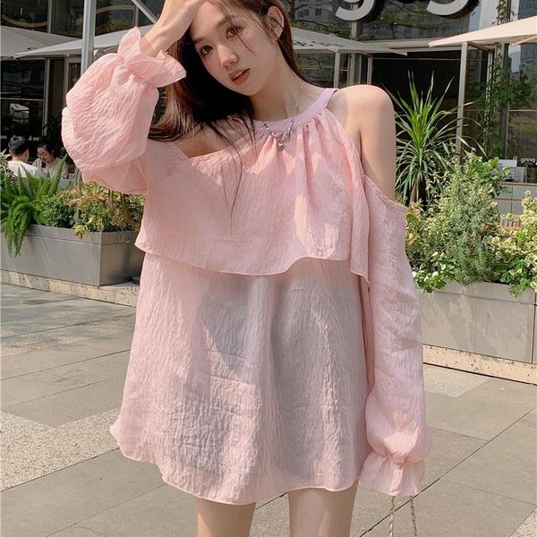 Женские блузки сексуальные от плеча розовая шифоновая блузка Женская корейская мода O-образное сплошная рубашка с рубашкой из рукавов элегантно