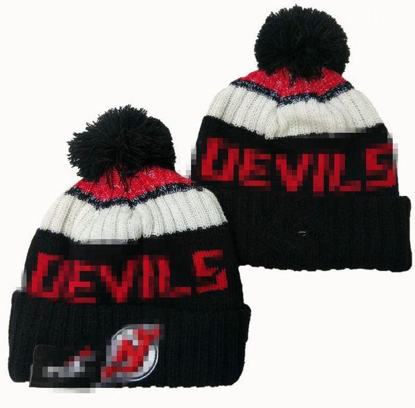 Berretti da uomo Devils Beanies NEW JERSEY Beanie Hats Tutte le 32 squadre Lavorato a maglia con risvolto Pom a righe Linea laterale Lana calda USA College Sport Cappello lavorato a maglia Berretto da hockey per donna A