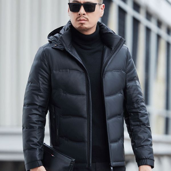 Neue Herren-Daunenjacke aus echtem Leder mit abnehmbarem Hut, verdickte Schaffell-Lederjacke mittleren Alters, Herren-Lederjacke