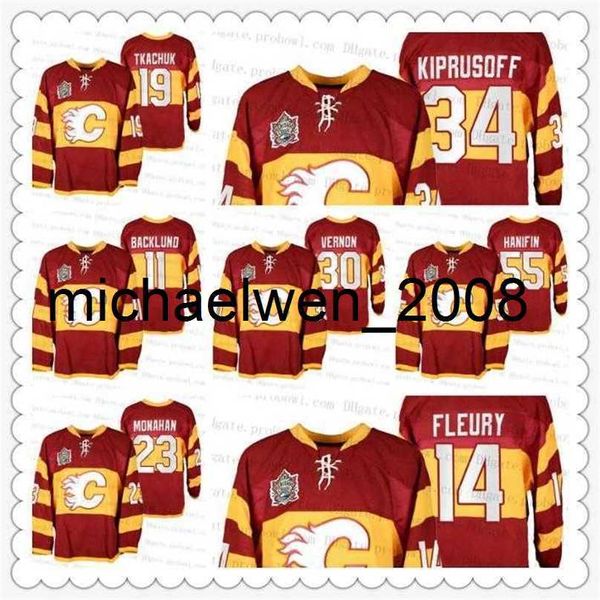 Weng Custom Heritage Classic 2011 Warm Up Red Jersey 14 Theoren Fleury 23 Sean Monahan Noah Hanifin Mike Vernon 11 Backlund