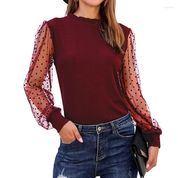 Damen-T-Shirts 896E All-matching Sheer Mesh Long Sleeves For Women Fashion Polka Dots Top Patchwork T-Shirt Streetwear