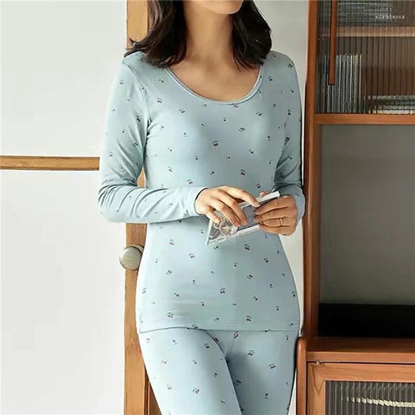 Mulheres sleepwear 2023 outono inverno roupa interior térmica mulheres quentes longo johns terno doce bonito impresso roupas femininas segunda pele pijama