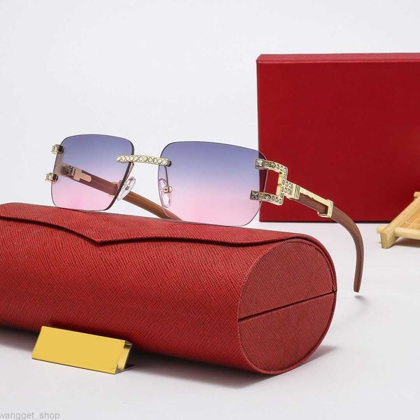 Neue Designer-Sonnenbrille für Damen Herren Micro-gepflasterte Diamant-Sonnenbrille Vintage 050 1346 Hohes echtes randloses natürliches rechteckiges Unisex-Holz-C-Glas