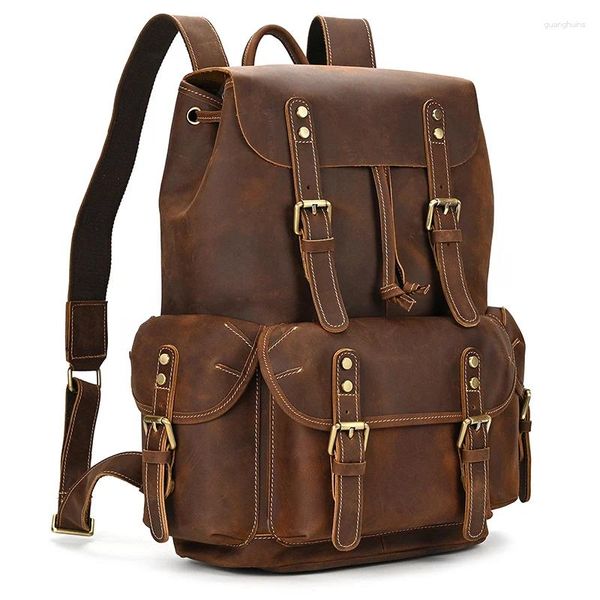 Sacos escolares Gota Mochila de couro Vintage Top Grade Fashion Bag Pack Viagem Homens Masculino Dia Cavalo Louco