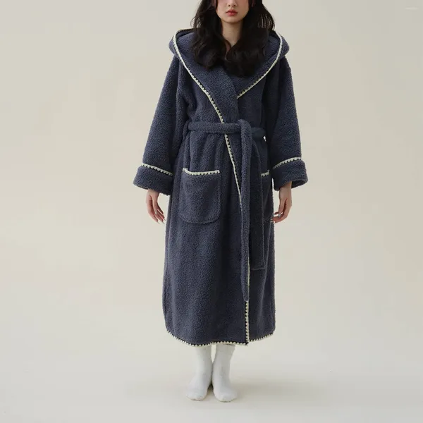 Damen-Nachtwäsche, Flanell-Bademantel, Pyjama, Damenmode, Winter-Fleece-Bademäntel für Damen, bequem, dicker Schalkragen, Paar-Robe, Taschen