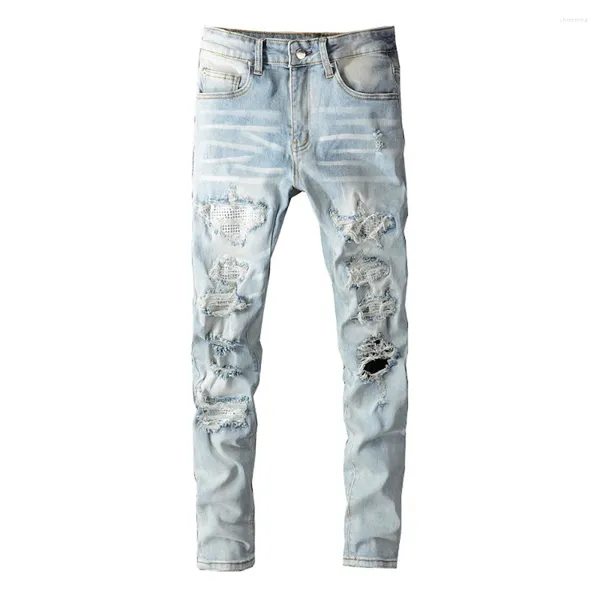 Jeans da uomo Designer Denim Casual Harajuku Retro Fori di giunzione in cotone Hip Hop Pantaloni attillati con buco blu Micro elastico Jean Fashion