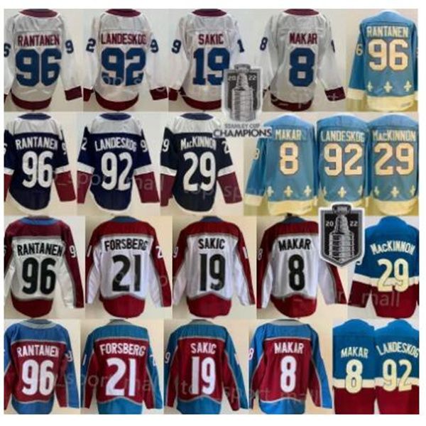 2024 Hóquei 8 Cale Makar Jerseys 29 Nathan MacKinnon 92 Gabriel Landeskog Mikko Rantanen Joe Sakic Peter Forsberg Borgonha Azul Branco Reverso Retro Jerseys costuradas