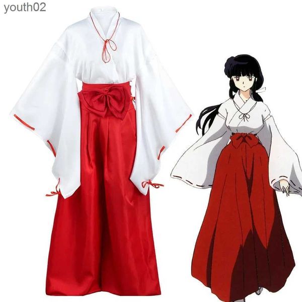 Trajes de anime Anime Inuyasha Kikyo Cosplay Vestido Meninas Vermelho Branco Kimono Kaii Cosplay Venha Halloween Festa de Natal Uniforme Kimono Set ZLN231111