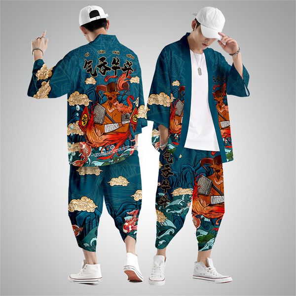 T-shirt da uomo Completo a due pezzi Oversize XXS 6XL Moda stile giapponese Kimono e pantaloni Set Camicetta cardigan da uomo Haori Obi Abbigliamento asiatico 230411