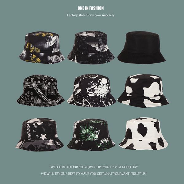 Doppelseitiger Basin Hat Shade Graffiti Fisherman Cap Unisex Flat Top Visier Caps Tie-Dye Ink Print Bucket Hats Outdoor Hat Hip Hop