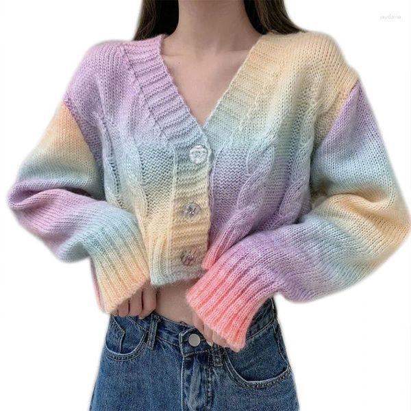 Maglioni da donna Cardigan lavorato a maglia dolce con effetto tie-dye a maniche lunghe con bottoni aperto sul davanti Maglione corto all'ombelico Cappotto per giacca Capispalla