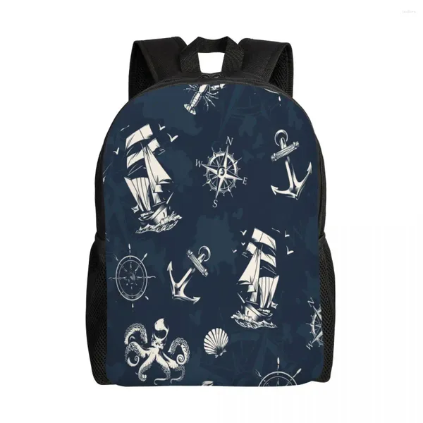 Backpack School Bag de 15 polegadas de laptop ombro casual Bagpack Travel Ocean Ship Anchor e Octopus Mochila