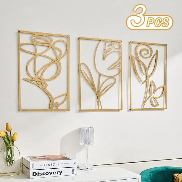 Dekorative Figuren 3 Stück Nordic Home Wall Decor Metall Gold Aufkleber Luxus Abstrakte Blumen Leiste Wohnzimmer Accessoires Geschenk