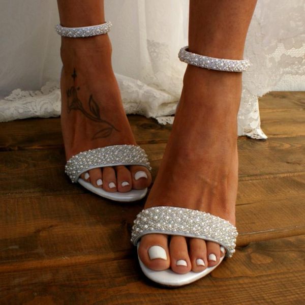 Sandali da donna estivi bianchi con tacco alto scarpe da sposa con tacco spesso cintura con una linea di perle grande 4243Sandali