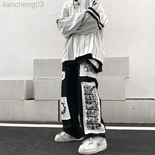 Мужские брюки весна и осенний мультипликационный патч большой размер брюки мужчины в моде High Street Lazy Harajuku грузовые брюки уличная одежда повседневная бегуна W0411