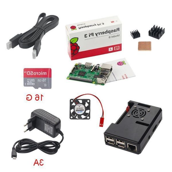 Freeshipping Original UK Raspberry Pi 3 RS 3A Adaptador de fonte de alimentação 16G S-DC-ard H-D-MI Cabo Dissipadores de calor ABS Caso Ventilador de resfriamento para Tmgo