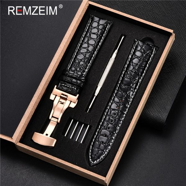 Assista Bands Strap Factory Factory Selógio de couro genuíno Strap Butterfly Clasp WatchBand 16 17 18 19 20 21 22 24mm Watch Band With Watchband Box 230411